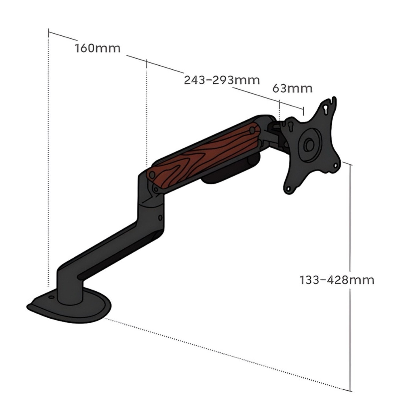 Brateck E350 Single Wooden Monitor Arm, размеры
