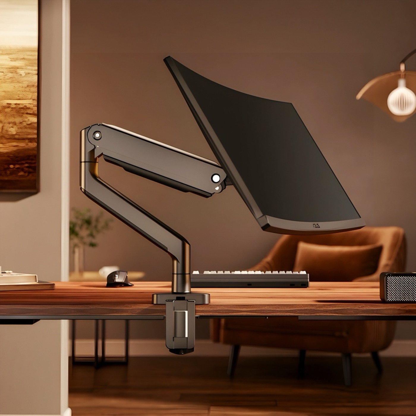 Brateck E560 Single Monitor Arm, на столе, вид спереди, вид сбоку